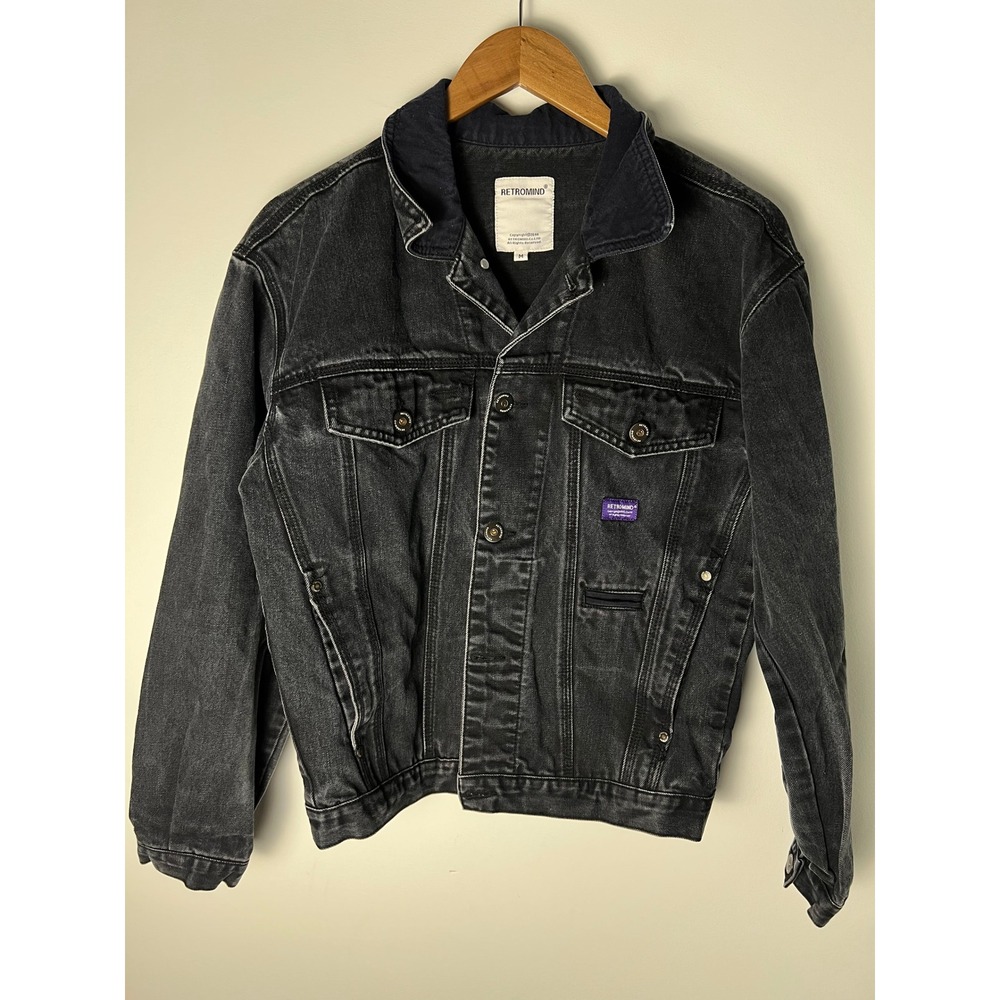 Retromind Denim Jacket Mens M Black Faded Cotton Button Up Trucker Coat